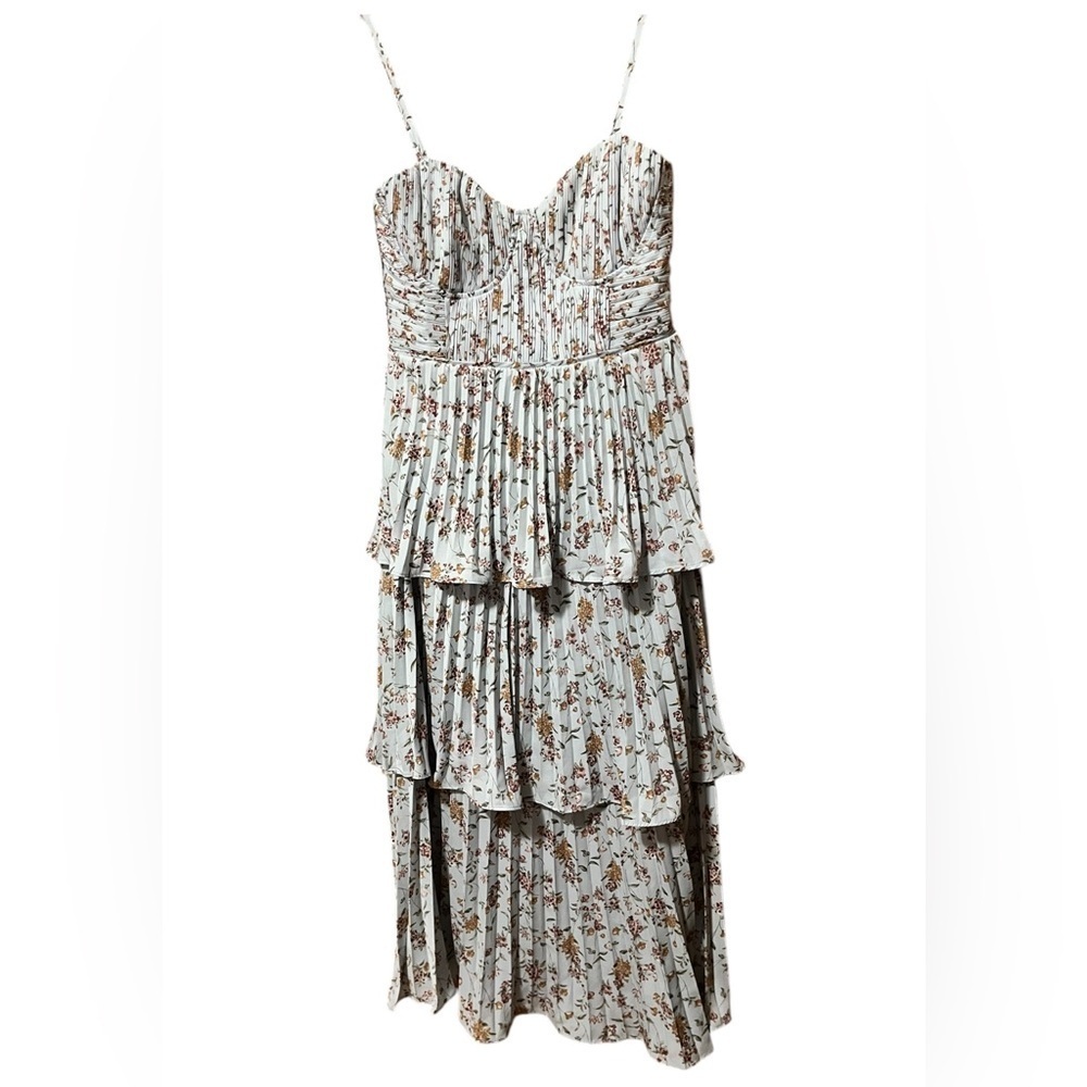 Lulus Cascading Crush Pale Blue Floral Print Tiered Bustier Midi Dress-Small - Picture 10 of 16